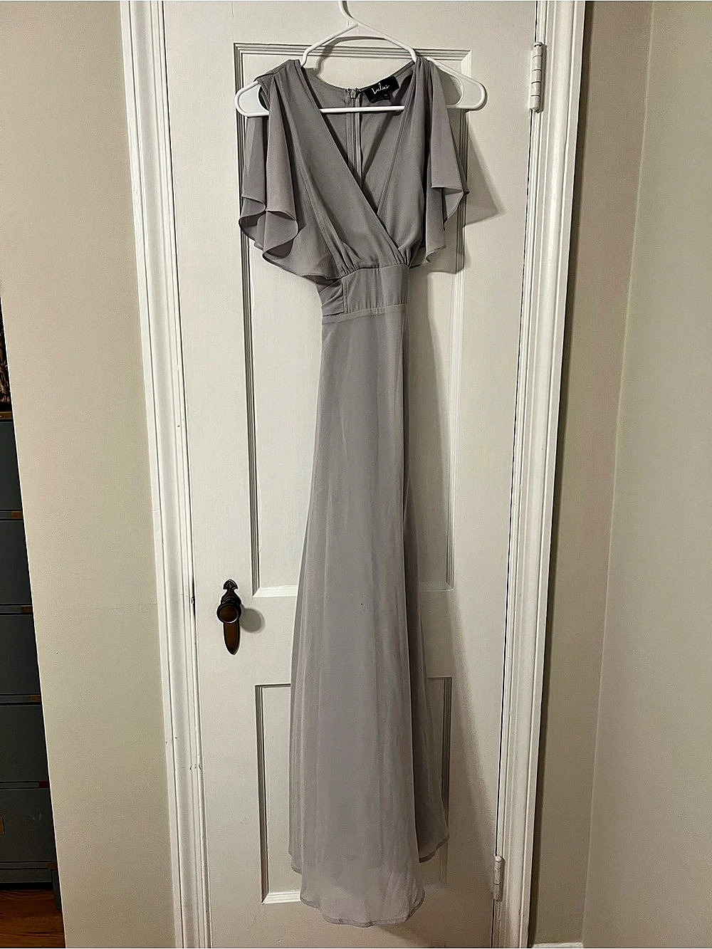 Lulus Dearly Loved Light Grey Flutter Sleeve Maxi Dress XS